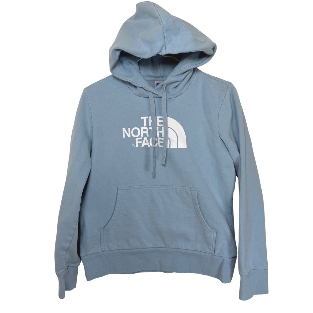 The North Face Hoodie Women Size M Light‎ Blue Logo Pullover Sweatshirt FA09
